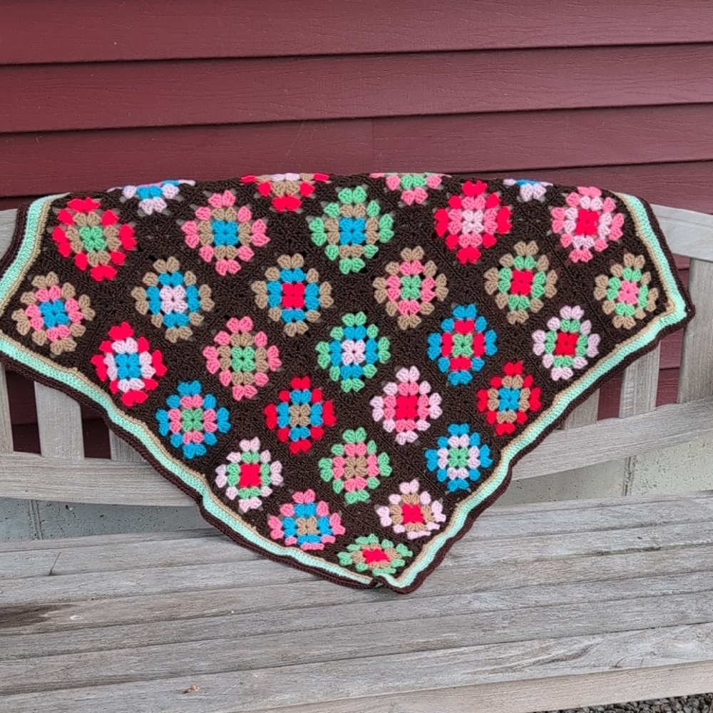 Colorful Crochet Granny Square Blanket Vintage Lap Throw Decoration